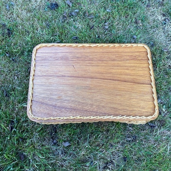 WICKER rattan wood serving tray boho style vintage - Picture 6 of 7